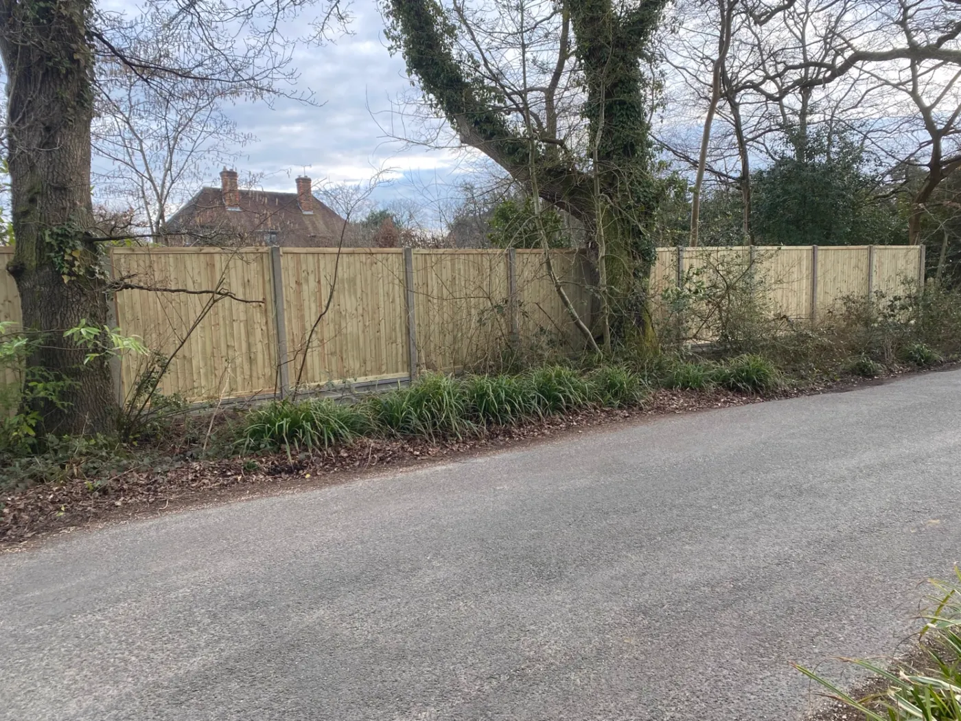 Feather edge fence panels installed beside a village lane